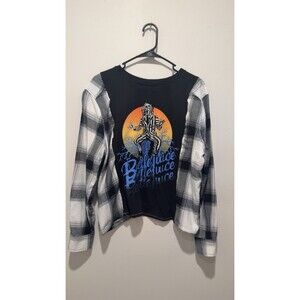 Reworked Upcycle Grunge Oversize Beetle Juice Halloween Flannel Sweater S/M